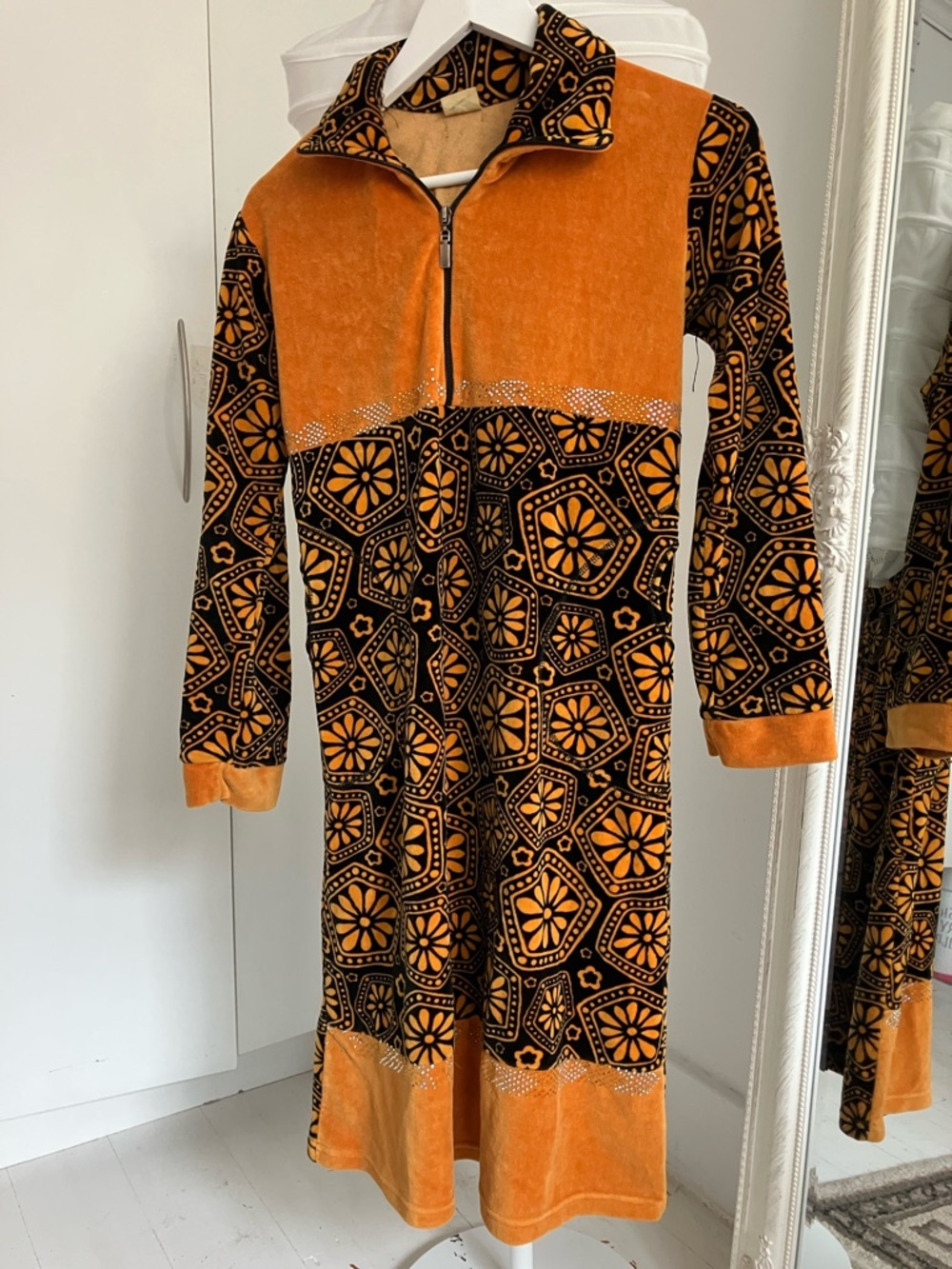 Long Sleeve Velvet Dress in Orange and Black